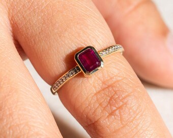 14k gold bezel set Ruby Engagement Ring Emerald Cut ruby Ring dainty Ring statement Ruby Ring Promise Ring silver Ruby ring Anniversary Gift
