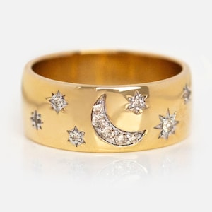 18K Gold Diamond Night Sky Cigar Band, Diamonds Moon and Stars Wedding Band, Crescent Celestial Ring, Fine Handmade Jewelry