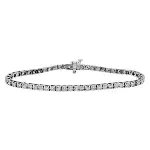 May include: A delicate silver tennis bracelet featuring a row of small, sparkling diamonds. The bracelet has a secure clasp and is designed for a comfortable fit. This elegant piece of jewelry is perfect for adding a touch of sparkle to any outfit.