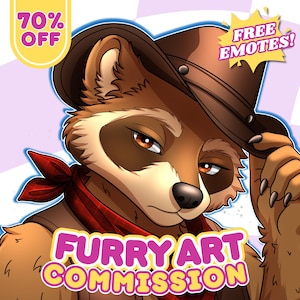 Op de afbeelding: Digitale illustratie van een wasbeer met een bruine cowboyhoed en een rode bandana. De afbeelding bevat de tekst "FURRY ART COMMISSION", "70% OFF" en "FREE EMOTES!"