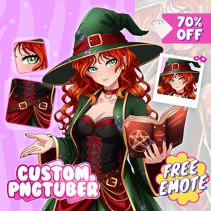 May include: A digital illustration of a character with long red hair and green eyes wearing a green witch hat and a dark green and black outfit with red accents. The character holds an open red book with a gold pentagram and text. Text reads 70% OFF, CUSTOM PNGTUBER, and FREE EMOTE.