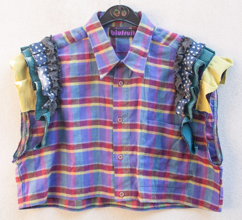 unique handmade in UK size 1618 UPCYCLED purple check cropped shirt with shoulder frill details o.o.a.k