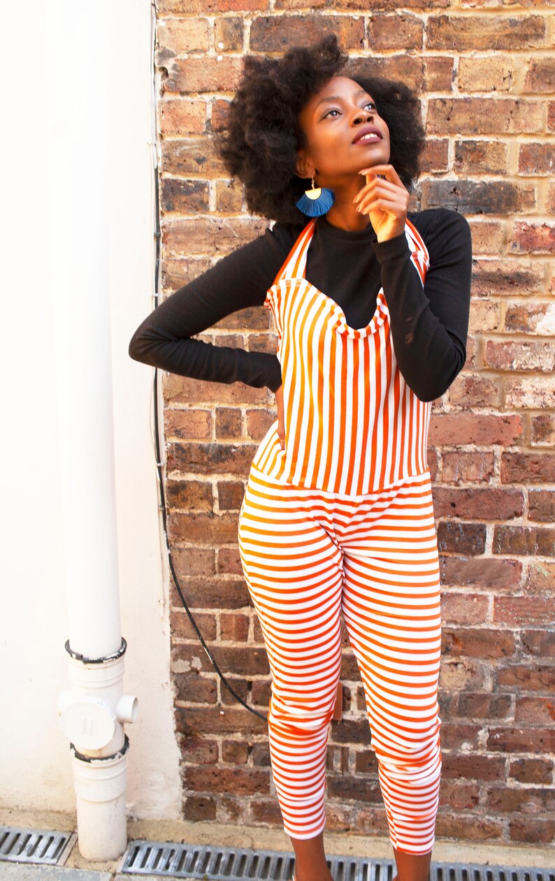 1214 Orange and white striped halter neck fitted playsuit handmade one-of-a-kind cute kitsch unique U.K