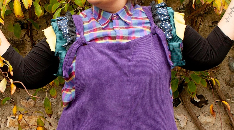 unique handmade in UK size 1618 UPCYCLED purple check cropped shirt with shoulder frill details o.o.a.k