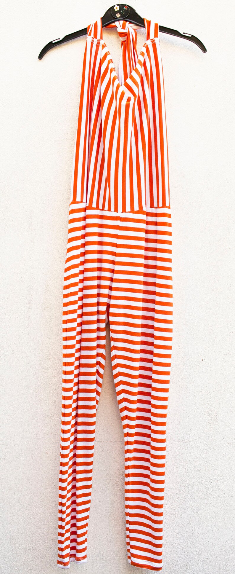 1214 Orange and white striped halter neck fitted playsuit handmade one-of-a-kind cute kitsch unique U.K