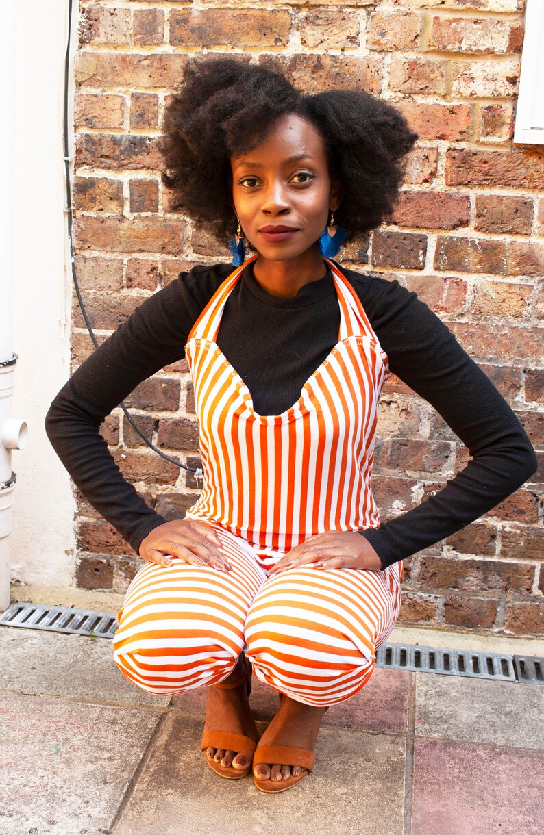 1214 Orange and white striped halter neck fitted playsuit handmade one-of-a-kind cute kitsch unique U.K