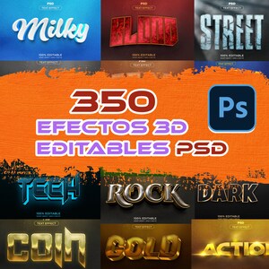 Könnte beinhalten: Eine Sammlung von 350 editierbaren 3D-Texteffekten im Photoshop PSD-Format. Die Effekte umfassen eine Vielzahl von Stilen, wie Milky, Blood, Street, Tech, Rock, Dark, Coin, Gold und Action.
