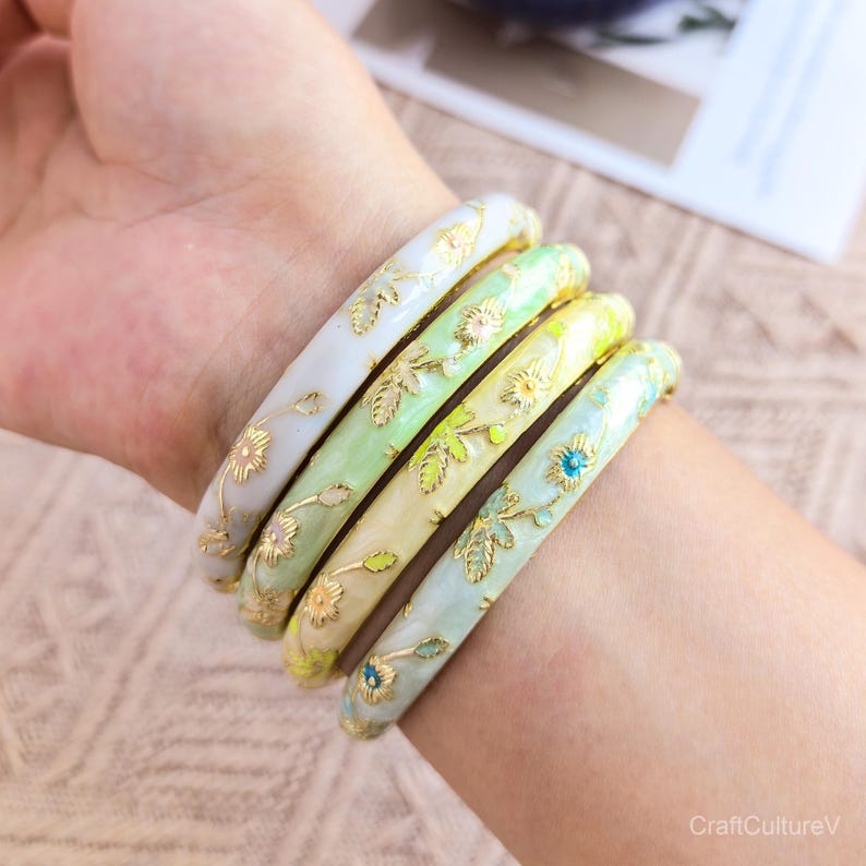 Enamel Bangles Set Gift for Her, Cloisonné Floral Bangles Faux Jade Bracelet for Birthday /Mom/ Sister/ Grandma/ Wife, Christmas Gifts image 7