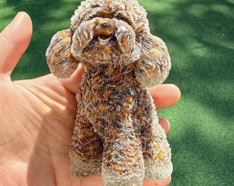 Hondensculptuur voor bureaudecor, speelgoedpoedel, roze kristal en kleurrijk agaatkristal puppybeeldje, hondenliefhebber geschenken, hond herdenkingscadeau, hondenkunst
