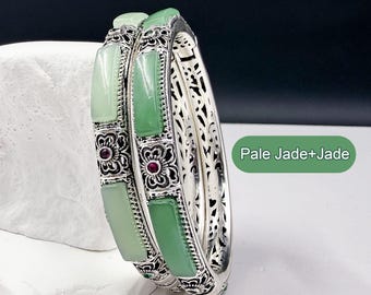 Vintage Floral Green Jade Bangle Bracelet, Silver Tone Enamel Cuff with Brocade Pouch, Chinoiserie Jewelry Gift for Mom Grandma Her