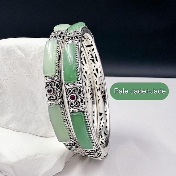 Vintage Green Jade Bangle Bracelet, Handmade Silver-Tone Faux Jade Cuff with Embroidered Pouch for Women, Gift for Sister, Grandma, Birthday