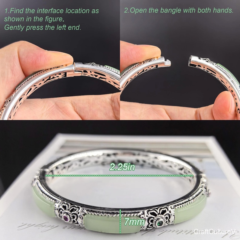 May include: A silver-toned metal bangle featuring alternating light green jade-like rectangular inlays and floral filigree sections with small embedded stones. The bangle has a 2.25-inch diameter and a 7mm width, with a hinged opening mechanism.
