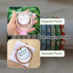 May include: A collection of metal bangles featuring floral patterns in blue, green, and red. The image displays packaging options including a pink organza pouch and a white fabric bracelet pouch, each containing a tag reading Handmade with love.