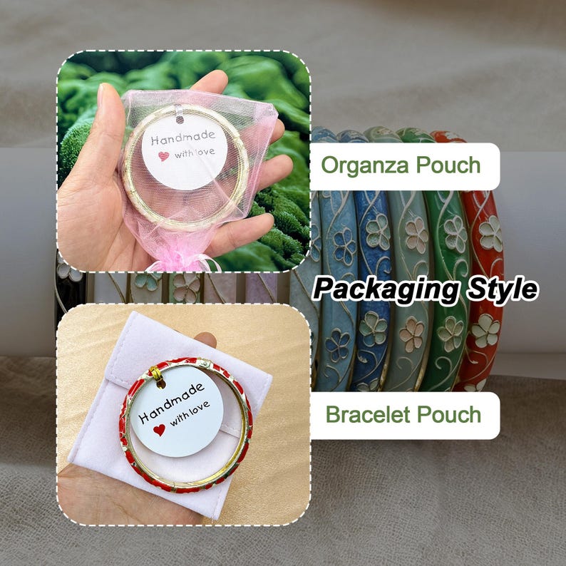 May include: A collection of metal bangles featuring floral patterns in blue, green, and red. The image displays packaging options including a pink organza pouch and a white fabric bracelet pouch, each containing a tag reading Handmade with love.