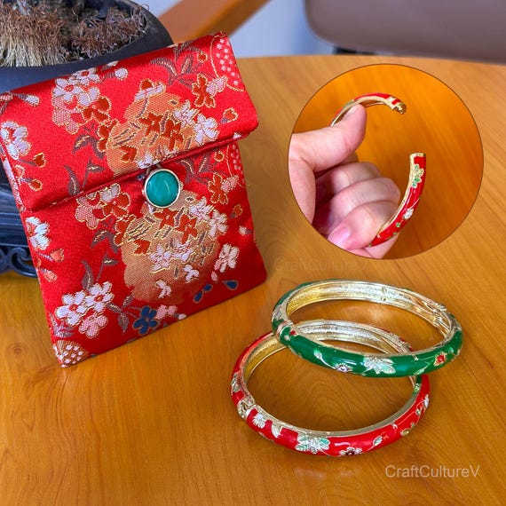 Red Floral Cloisonné Bangle Bracelet Vintage Cloisonne Bangle Bracelet, Red Floral Enamel  main image 2