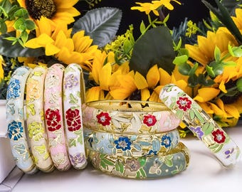 Vintage Cloisonne Bangle Bracelet Set - 10mm/15mm Peony Flower Bracelet, Thank You Gifts/ Christmas Gifts for Women, Grandma, Sister