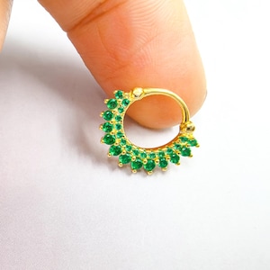 Emerald 925 Sterling Silver Septum Ring, Gold Seamless Septum Hoop - White Diamond & Green CZ Clicker for Sparkling Cartilage Jewelry