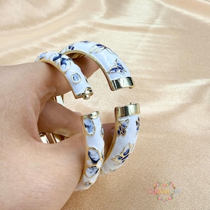 White Enamel Bangle, Cloisonne Bracelet Vintage Gold Jewelry, 8mm 15mm Stackable Hinged Bangles, Gift Box Pouch for Her, Blue Butterfly Gift