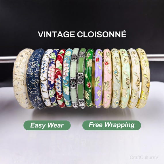 Enamel Bangles Set Gift for Her, Cloisonné Floral Bangles Faux Jade Bracelet for Birthday /Mom/ Sister/ Grandma/ Teacher/ Wife