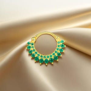 16G Gold Seamless Septum Ring with Green CZ & Emerald, Nose Hoop Clicker, Sparkling Septum Jewelry, Gold Cartilage Hoop, Septum Hoop