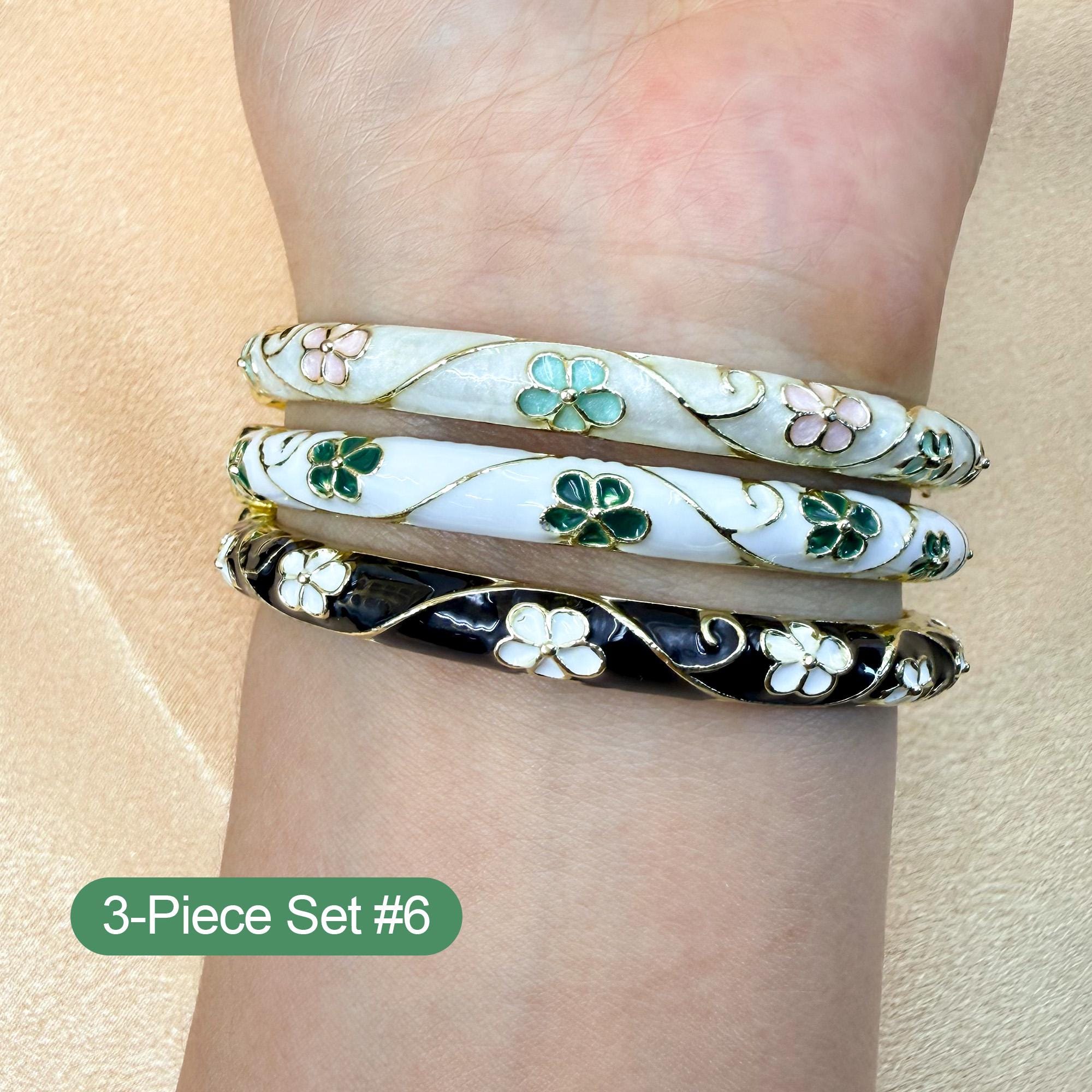Enamel Cloisonné Bangle Set, Handmade Vintage Cuff Bracelet