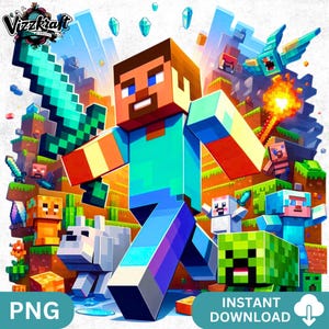 Könnte beinhalten: Ein grüner und blauer Minecraft-Charakter, Steve, rennt durch eine pixelige Landschaft. Er hält ein grünes und blaues Schwert. Der Hintergrund enthält weitere Minecraft-Charaktere, Blöcke und Gegenstände.