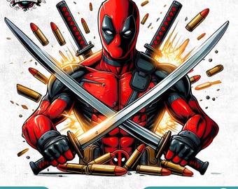 May include: Digital illustration of Deadpool in a red and black suit, holding two crossed swords. The image features bullets and the text "PNG" and "INSTANT DOWNLOAD". The character has a white mask and is surrounded by a burst of yellow light.