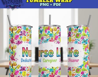 Nurse Life Tumbler Wrap PNG - Bunte Schmetterlinge, Herzen (Digitaler Download)