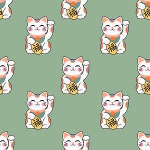 Può includere: Motivo ripetuto di gatti fortunati dei cartoni animati su sfondo verde chiaro. Ogni gatto è bianco con segni arancioni e blu, una moneta d'oro e una zampa alzata. I gatti hanno facce sorridenti e indossano un collare.