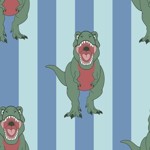 May include: A repeating pattern featuring cartoon Tyrannosaurus Rex dinosaurs in green with red bellies and open mouths, set against a blue and light blue striped background. The dinosaurs have sharp white teeth and are in various poses.