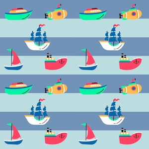 May include: A repeating pattern featuring boats and submarines on a blue striped background. The boats include sailboats with red sails, ships with blue sails, and red ships with anchors. The submarines are yellow and green.