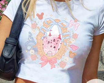 Coquette bow Disneyland castle Baby tee Croptop tank, Happiest place on Earth Comfort Colors shirt, Disneyland Girls trip Girly aesthetic