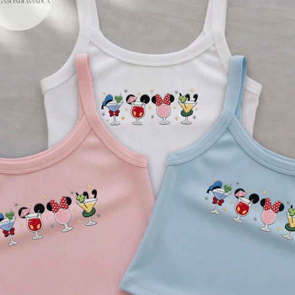 EMBROIDERED Mickey & friends Drinking shirt, Epcot Drinking team WDW Disneyland trip Embroidery Lace trim Tank top Baby Tee