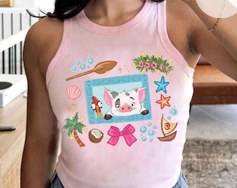 Camiseta corta sin mangas Coquette Pua & Hei Hei Baby, camiseta de Moana Princess Sidekicks WDW Disneyland, camiseta para viaje de chicas