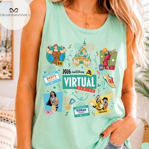 May include: A light mint green tank top featuring a 2026 runDisney Virtual Series graphic. The design includes illustrations of Hercules, Pocahontas, Goofy, Max, a castle, a running shoe, and race bibs with the text 2026 runDisney VIRTUAL SERIES.