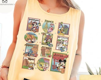 Epcot center Stamps Comfort Colors Tank Top, Mickey & friends Figment Orange Bird Epcot World Tour traveler shirt