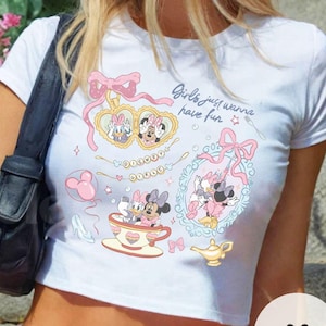 Minnie Daisy Girls just wanna have fun Coquette bow Baby tee Croptop tank, WDW Disneyland Girls trip baby tee, Girly aesthetic shirt