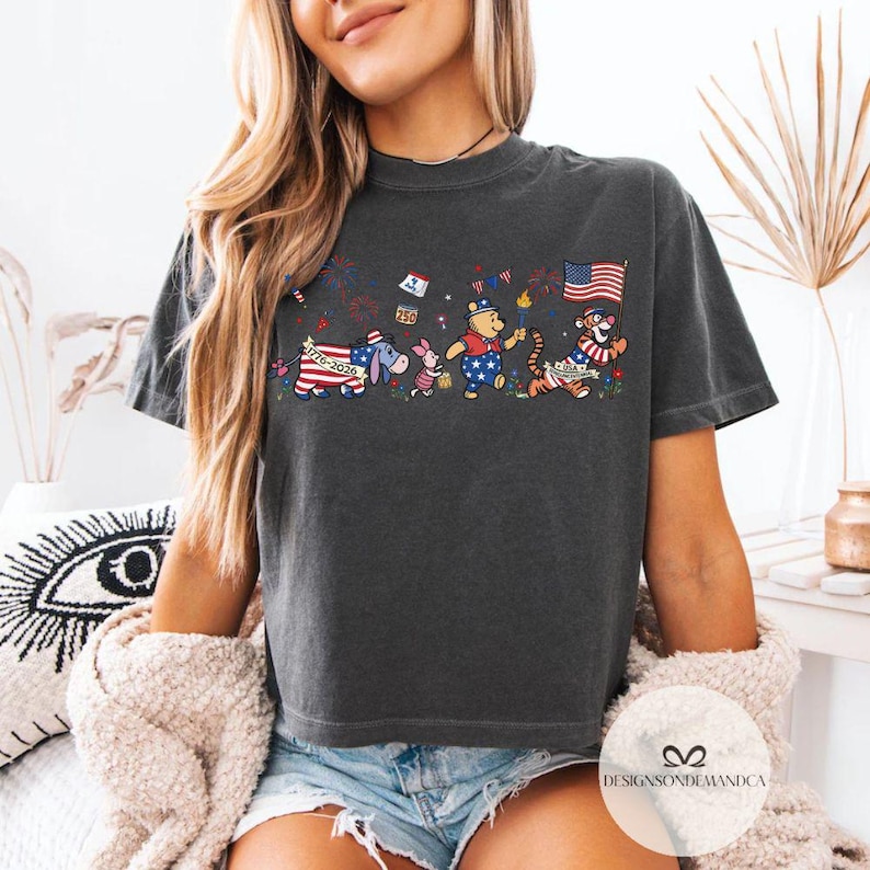 Winnie The Pooh USA 250th anniversary shirt, Disney Patriotic 4th of July Boxy Tee Baby Tee, Statue of Liberty WDW Disneyland Tee image 4