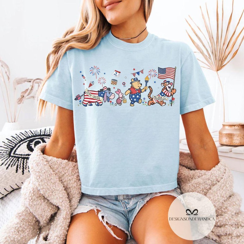 Winnie The Pooh USA 250th anniversary shirt, Disney Patriotic 4th of July Boxy Tee Baby Tee, Statue of Liberty WDW Disneyland Tee image 3