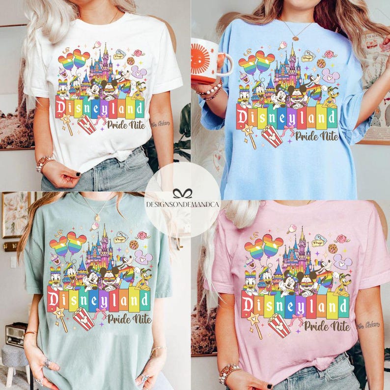 May include: Four short-sleeved t-shirts in white, blue, green, and pink, each with a Disneyland Pride Nite graphic. The design includes Disney characters, a castle, and rainbow elements.