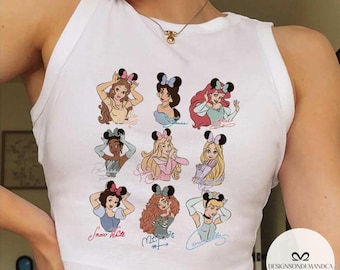 Disney Princess Signatures baby tee Croptop Tank shirt, Belle Ariel Tiana Rapunzel Princess Disney Girls trip baby tee Girly aesthetic Tee