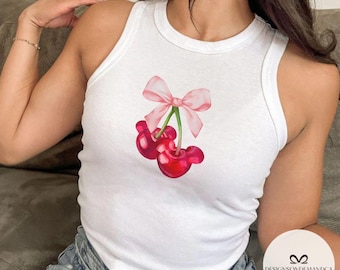 Coquette bow Mickey Cherry baby tee Croptop Tank shirt, WDW Disneyland Girls trip baby tee, Girly aesthetic shirt, Gift for her