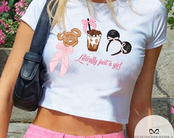 Coquette bow Literally Just a Girl Baby tee Croptop tank, Magical World Disney Girls trip shirt, WDW Disneyland Girly aesthetic baby tee