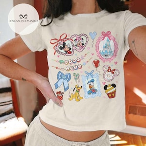 Personalized Mickey & friends Coquette bow Baby tee Croptop tank, WDW Disneyland Girls trip baby tee, Girly aesthetic shirt, Gift for her