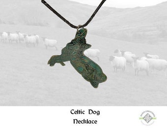 Celtic Dog #1 Necklace, Knot Pendant, Book of Kells Style, Etched Brass