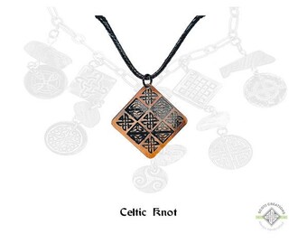May include: A copper-colored pendant necklace with a black cord. The pendant is a diamond shape with Celtic knot designs in black. The word "Necklace" is at the top, and "Celtic Knot" is at the bottom.