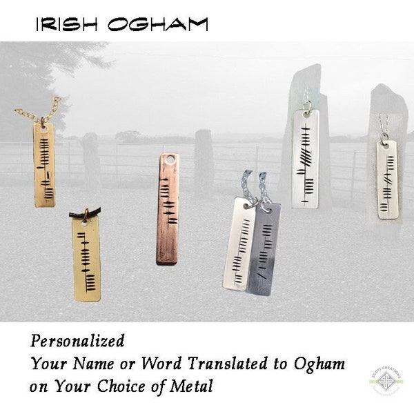 Irish Ogham Pendant Necklace, Imprinted with Your Name, On Your Choice of Metal