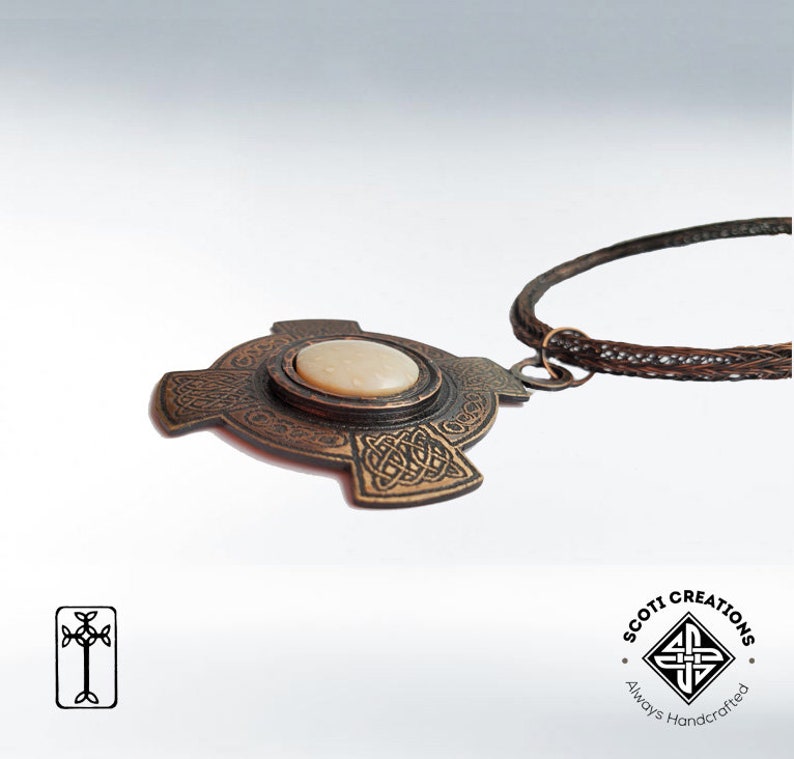 Viking Knit Necklace Celtic Even-Armed Cross Pendant Celtic Bronze Necklace Petrified Palm Wood Pendant