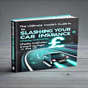 Può includere: Una copertina di libro con sfondo nero e testo verde neon che recita "The Ultimate Inside's Guide to Slashing Your Car Insurance". La copertina presenta anche un'auto dei cartoni animati che guida su una strada con un segno di sterlina verde neon sullo sfondo.