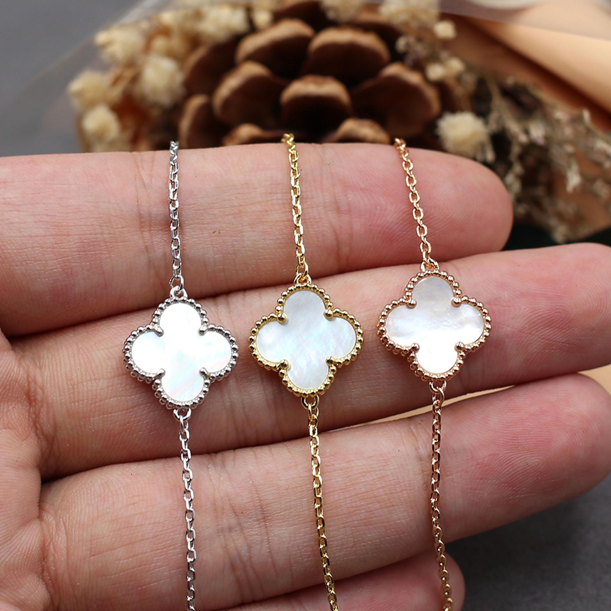 925 Silver Plated With 18K Gold 15mm Single Four Leaf White Mother of Pearl Clover Bracelet,Clover Jewelry